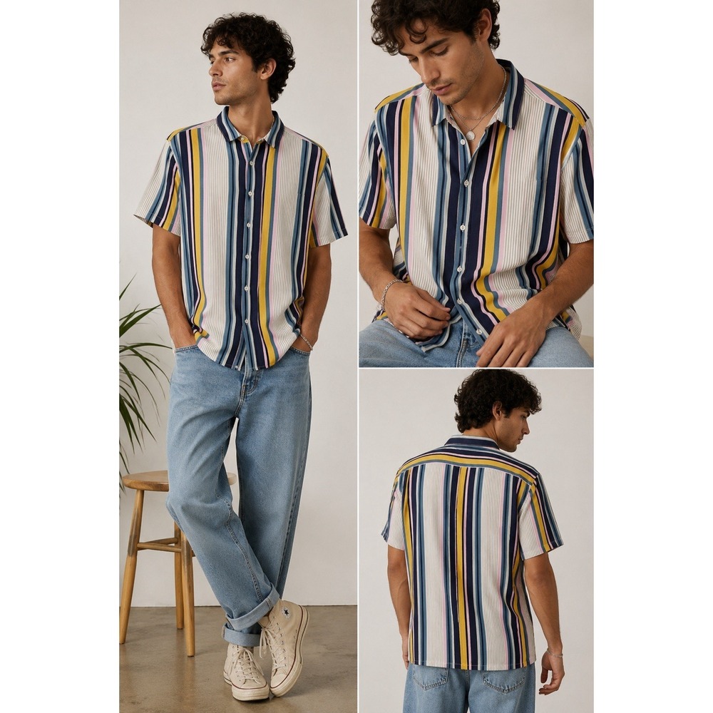 90s Y2K Retro Indie Skater Streetwear Colorful Striped Button Up Shirt Men's S